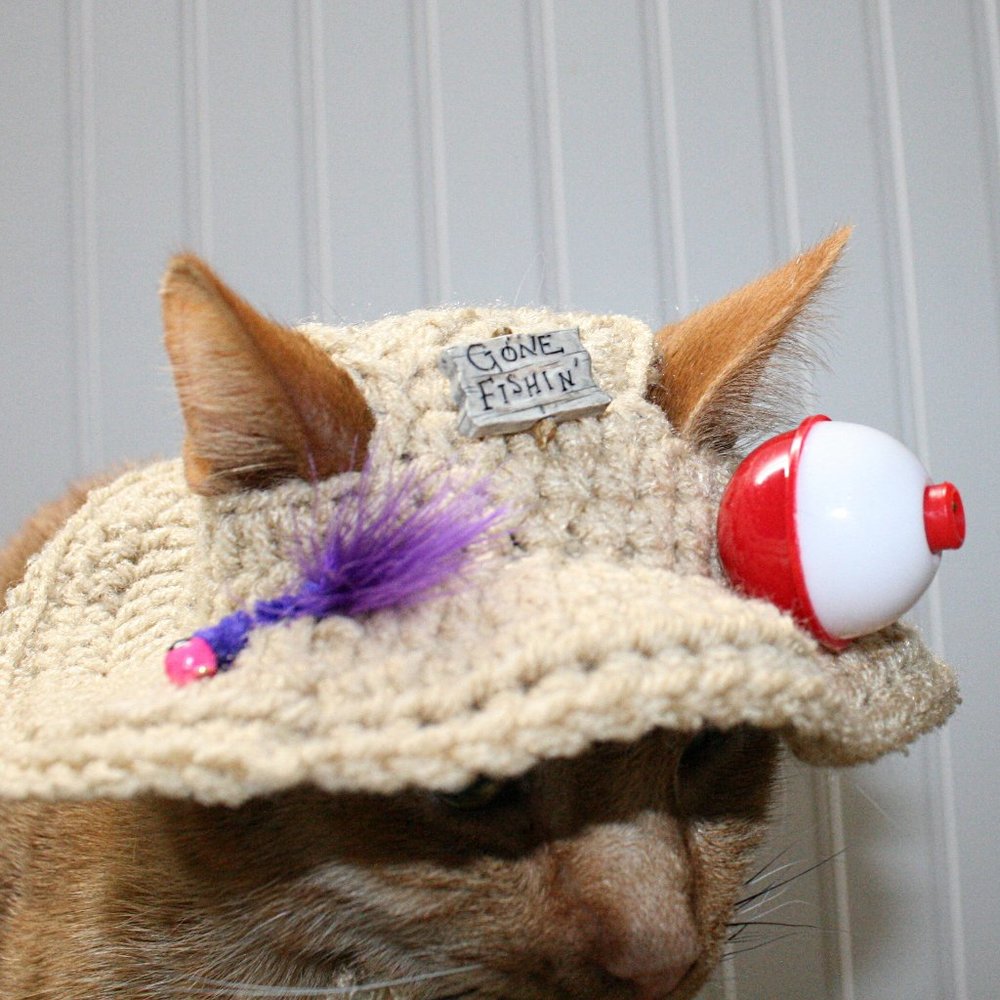 HAND CRAFTED Gone Fishing Cat Hat Crochet Hairy Wig Costume Photo Prop - Picture 4 of 15